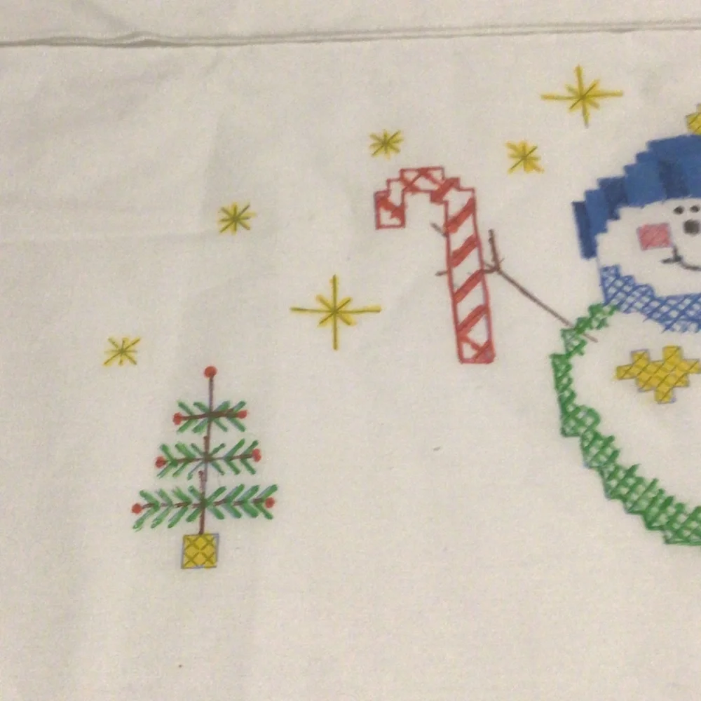 White Snowman Cross-Stitch Pillowcase Set - Festive Holiday Bedding